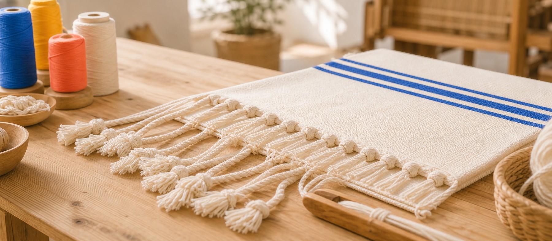 Hands tying twisted pestemal fringe