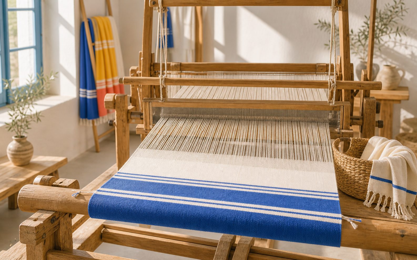 Flat-weave looms weaving striped pestemal fabric