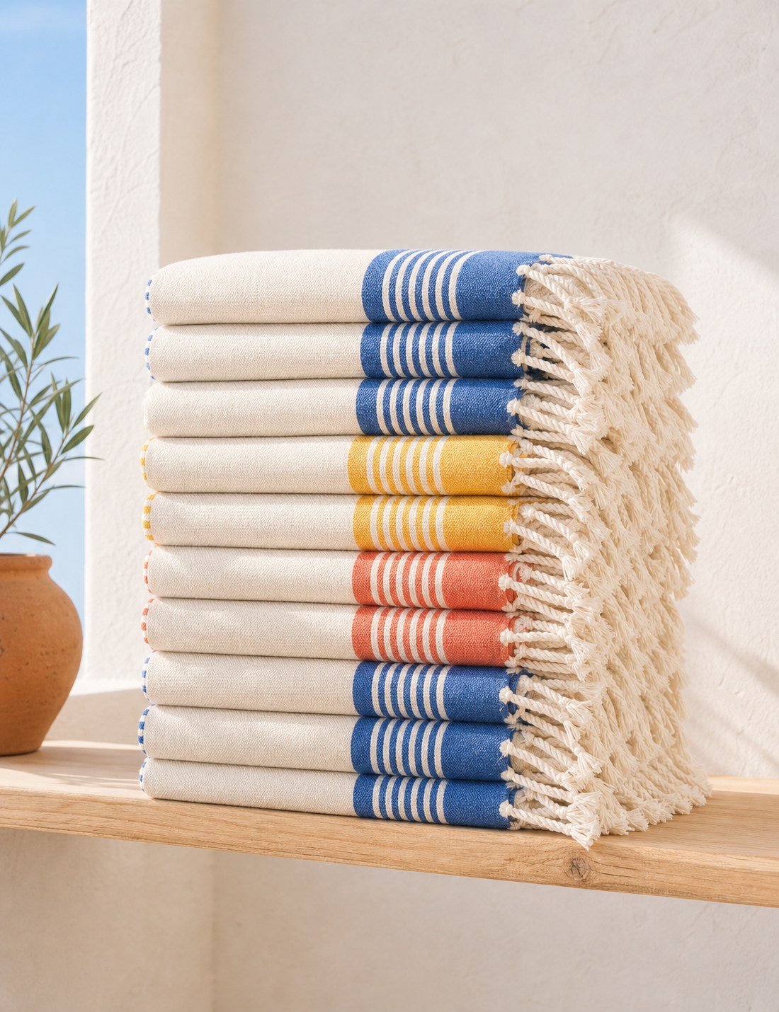 Folded stack of pestemals in cobalt, sun yellow and natural