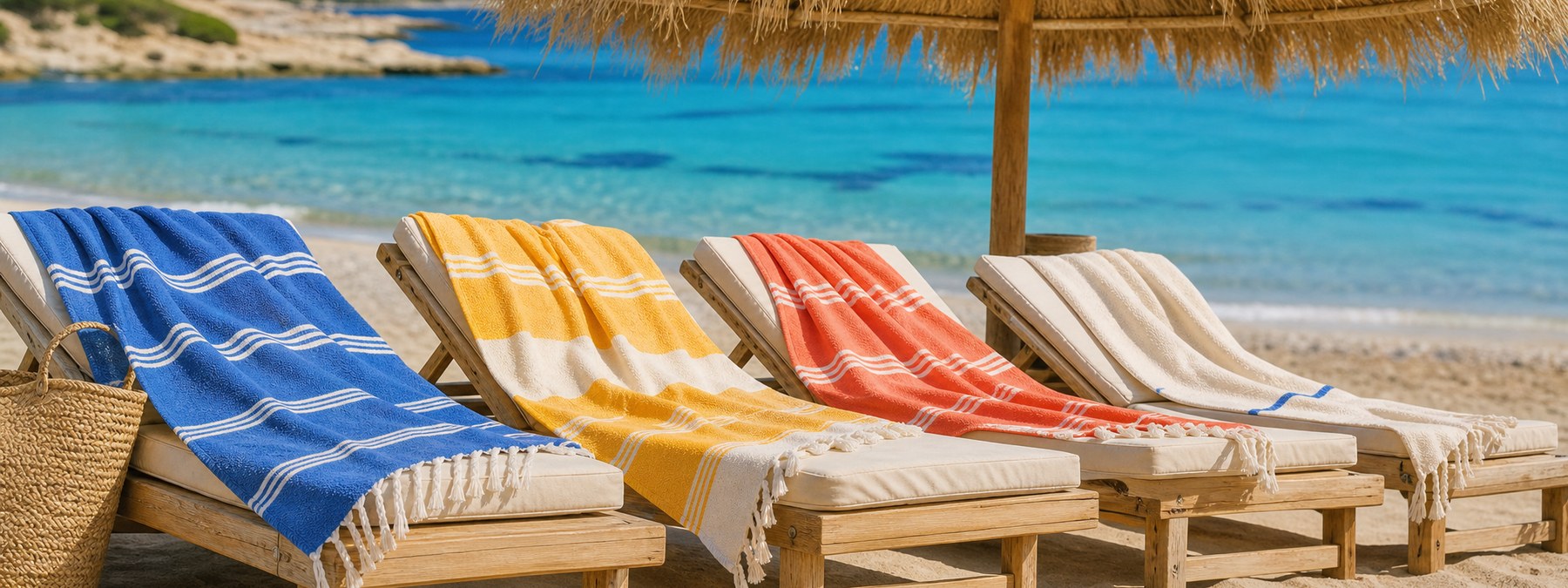 Pestemals in use at a beach club — loungers, sand and sea
